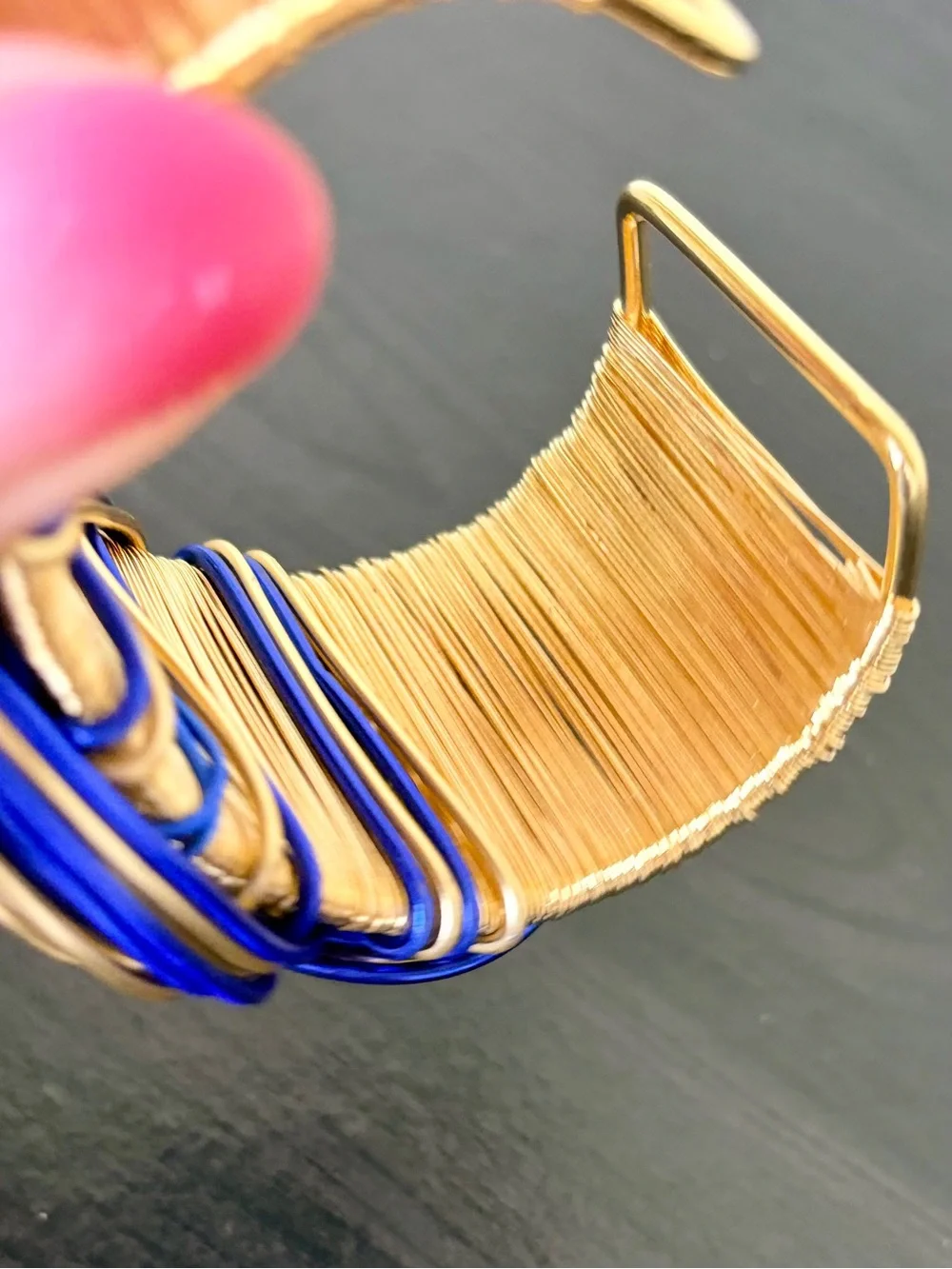 Sparkling Blue and Gold Wire Wrapped Cuff Bracelet